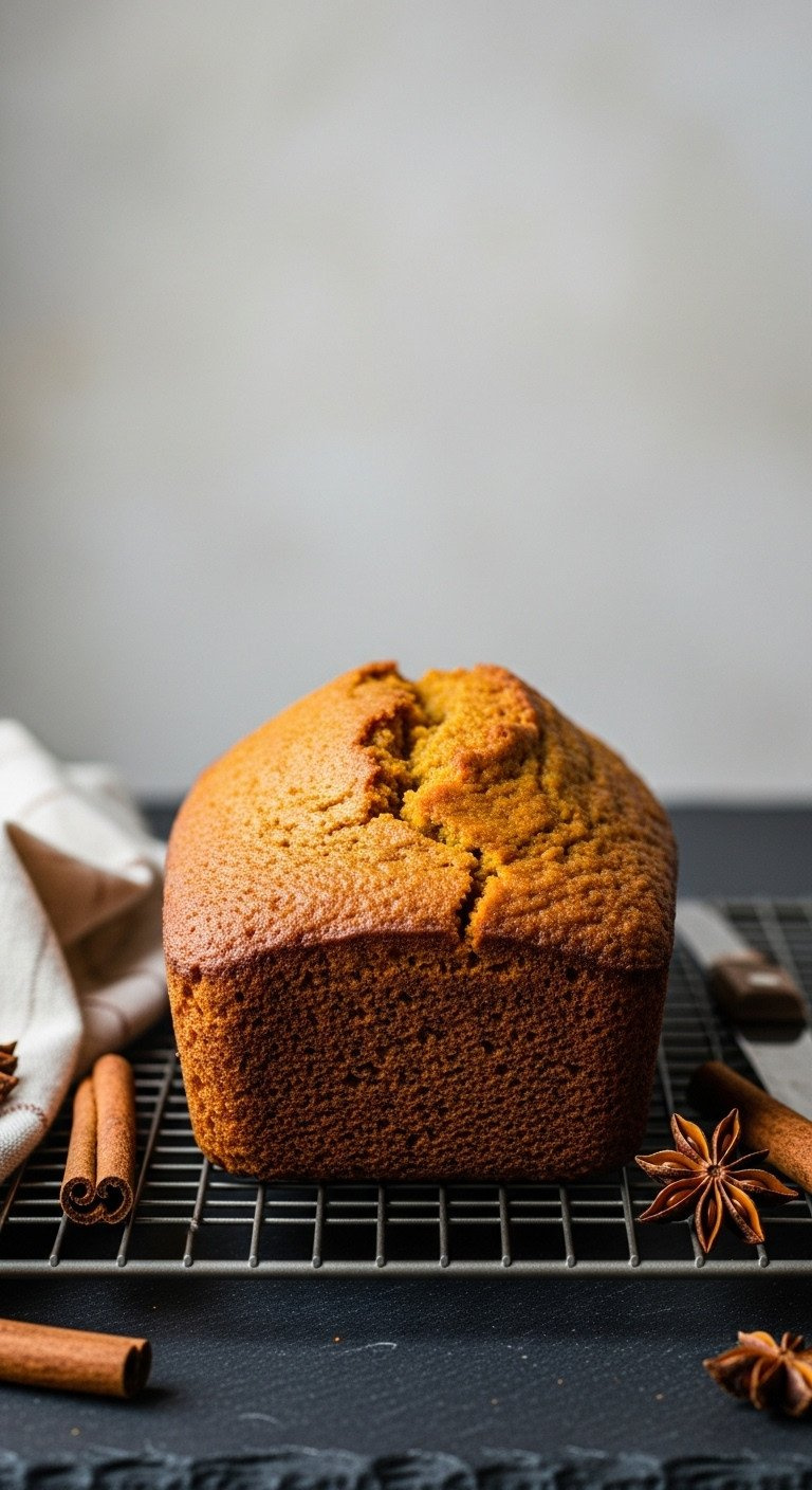 Warm, Golden-Brown Pumpkin Bread Loaf With A Cracked Top On A Cooling Rack, Surrounded By Cinnamon Sticks. Perfect Holiday Bake.
