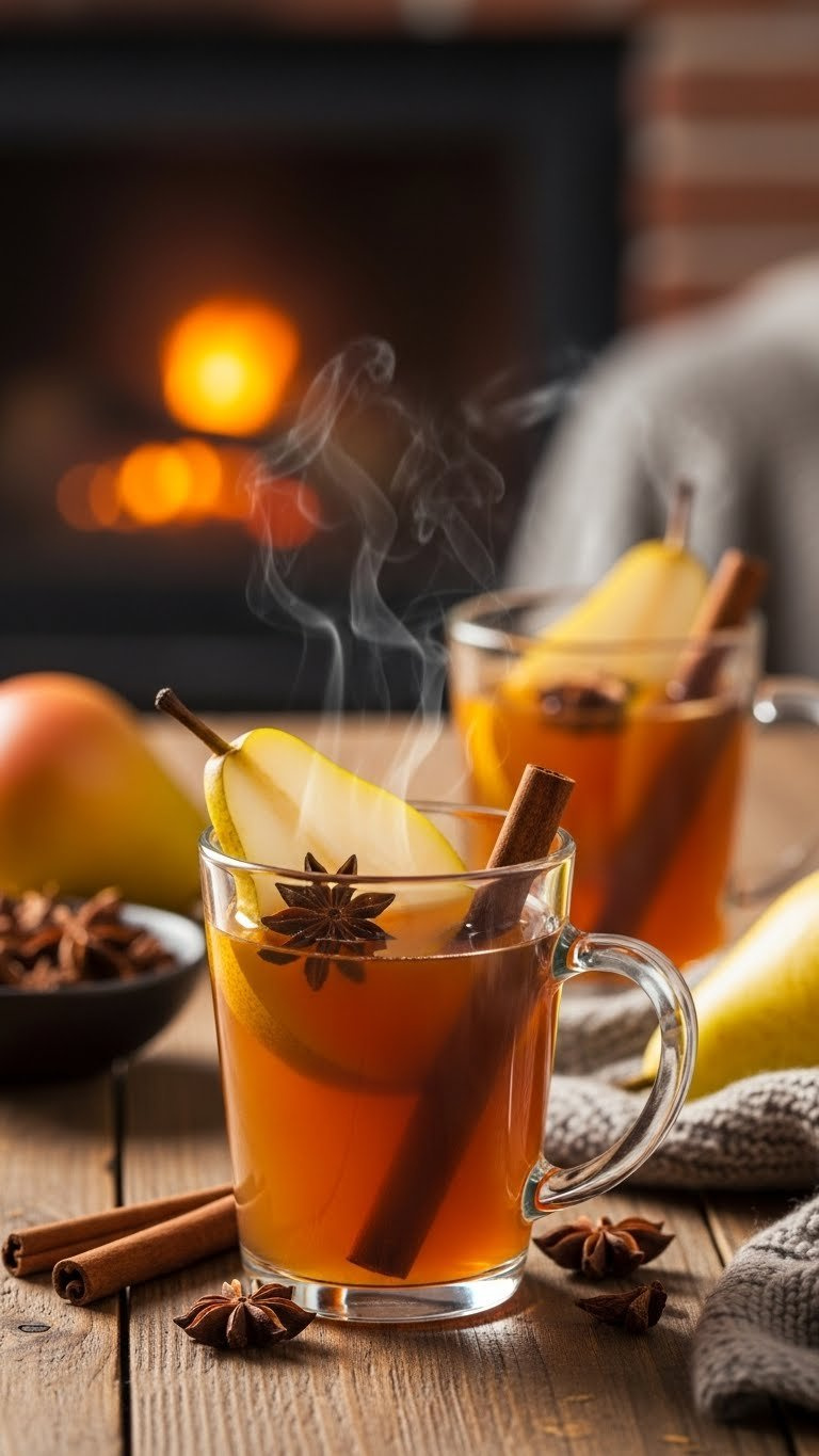 Warm Golden-Brown Spiced Pear Cider Mocktail In Clear Mug With Cinnamon Stick Garnish And Rising Steam