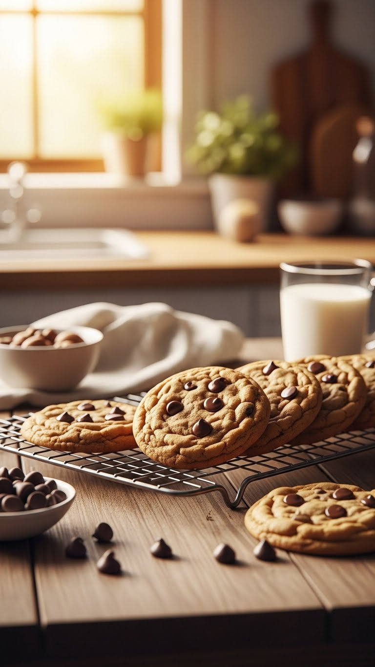Warm, Golden Chocolate Chip Cookies With Melted Chips Cooling On A Wire Rack On A Rustic Wooden Table With Milk, Kitchen Background.