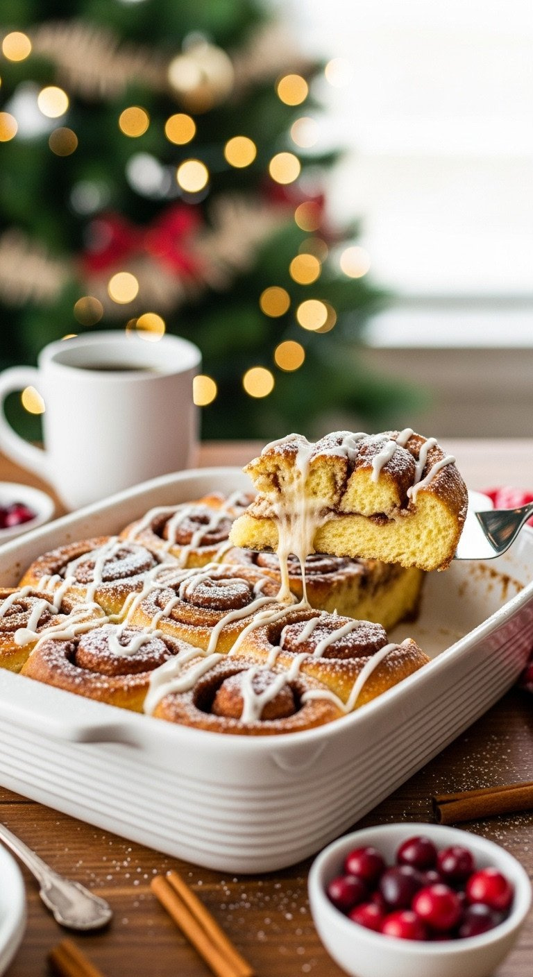 Warm Golden Cinnamon Roll French Toast Casserole Slice, Gooey Swirl, Icing, Powdered Sugar, Lifted By Spatula. Rustic Table, Christmas Decor.