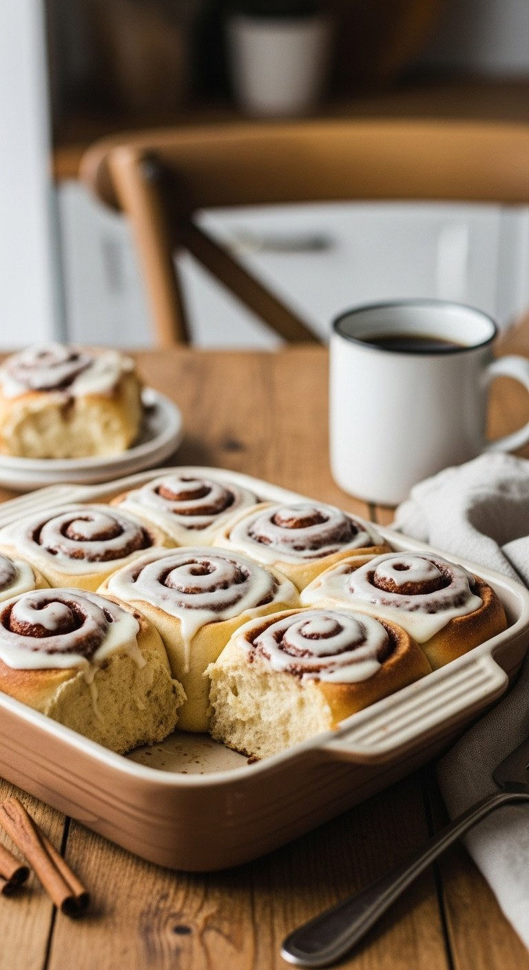 Warm, Gooey Cinnamon Rolls With Melting Cream Cheese Icing In A Rustic Stoneware Baking Dish On A Wooden Table.