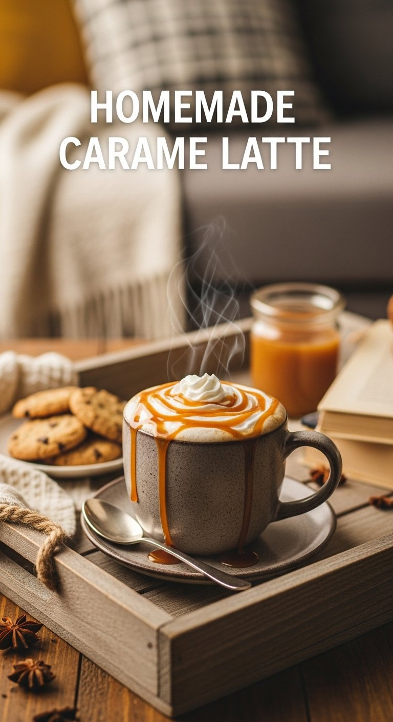 Warm Homemade Caramel Latte In A Rustic Ceramic Mug Topped With Whipped Cream And Caramel Sauce.