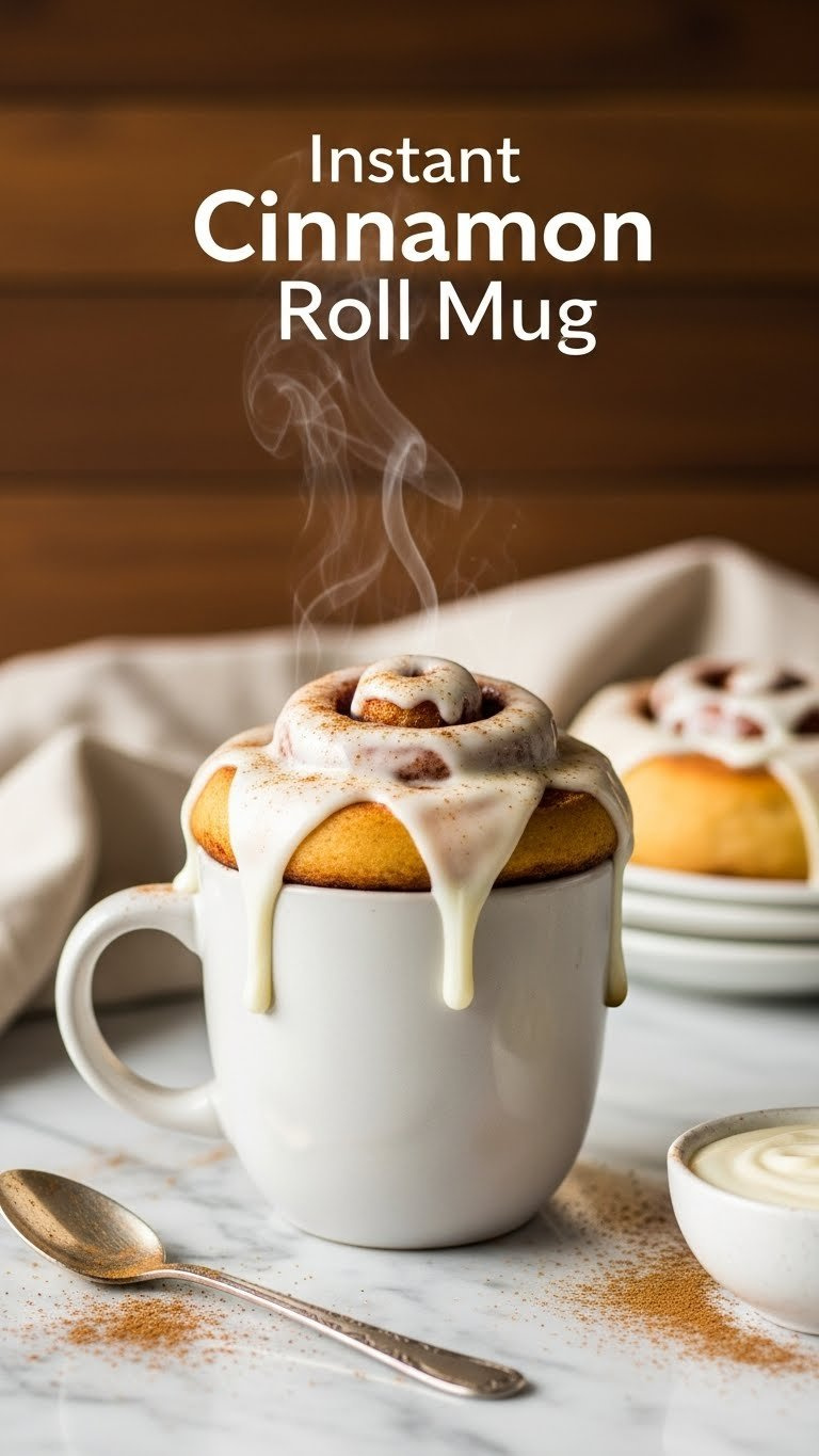 Warm Instant Cinnamon Roll In Mug, Dripping Cream Cheese Icing, Steam, Cinnamon Sugar On Marble. Cozy Golden Light.