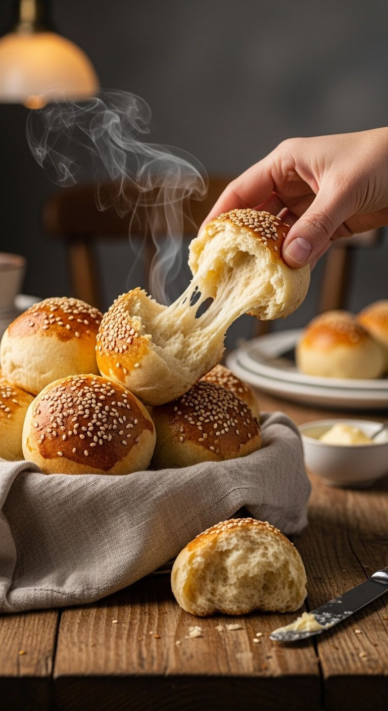 Warm Keto Dinner Rolls With A Fluffy Interior And Sesame Seeds In A Rustic Basket, With Butter On A Wooden Table.