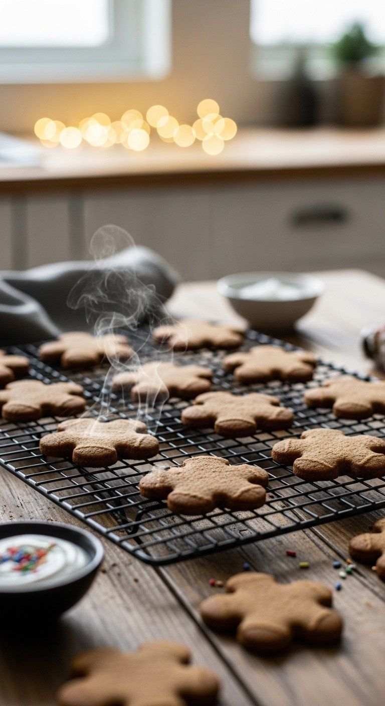 Warm Keto Gingerbread Cookies Steaming On A Black Wire Cooling Rack On A Rustic Wood Table With Festive Lights Behind.