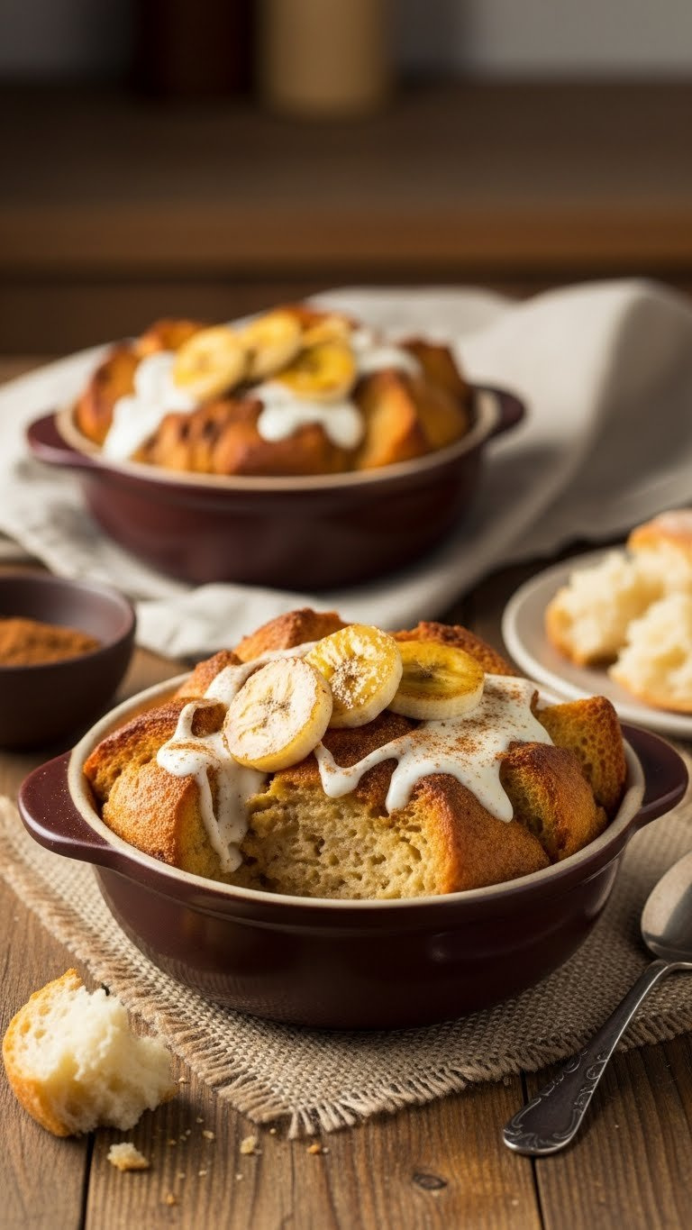 Warm Microwave Banana Bread Pudding With Caramelized Banana Slices, Creamy Sauce, Cinnamon On Rustic Wood. Cozy.