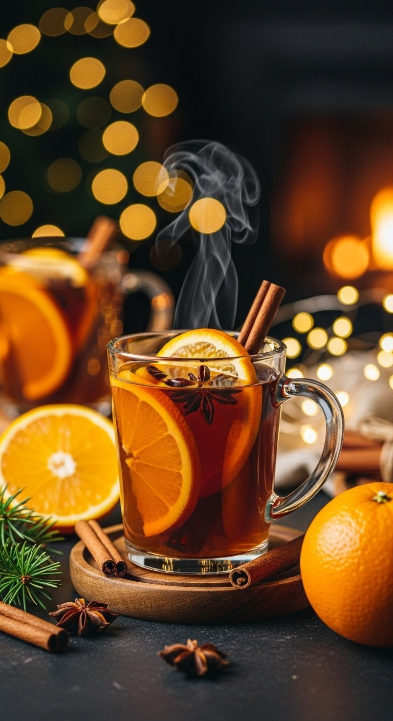 Warm Mulled Apple Cider In A Glass Mug, Garnished With Orange And Cinnamon, On A Wooden Coaster For Holidays.