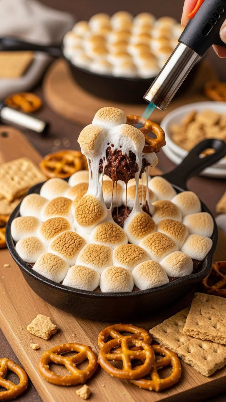 Warm No-Bake S'mores Dip In Cast Iron Skillet, Gooey Chocolate, Caramelized Marshmallows, Served With Graham Crackers.
