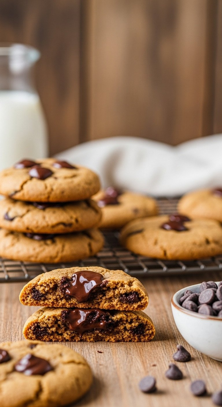 Warm Paleo Dark Chocolate Chip Cookies, Golden Edges, Melted Chocolate, Stacked On Rack. Gluten-Free, Rustic Dessert.