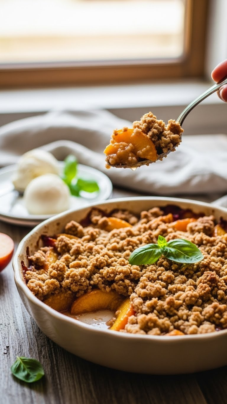 Warm Peach Crumble In Rustic Ceramic Dish With Oat Topping And Dairy-Free Vanilla Ice Cream On Wooden Table.