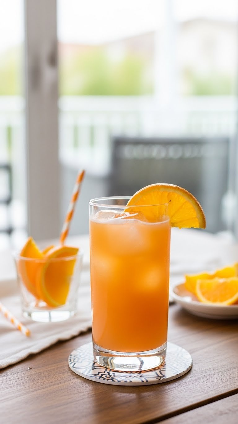 Warm Peachy-Orange Fuzzy Navel Cocktail With Orange Slice Garnish On Rustic Wooden Patio Table Setting