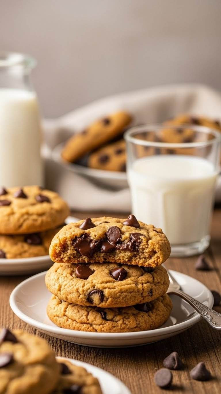 Warm Peanut Butter Chocolate Chip Microwave Cookie With Melted Chips, Glass Of Milk On Rustic Wood. Golden Hour Light.