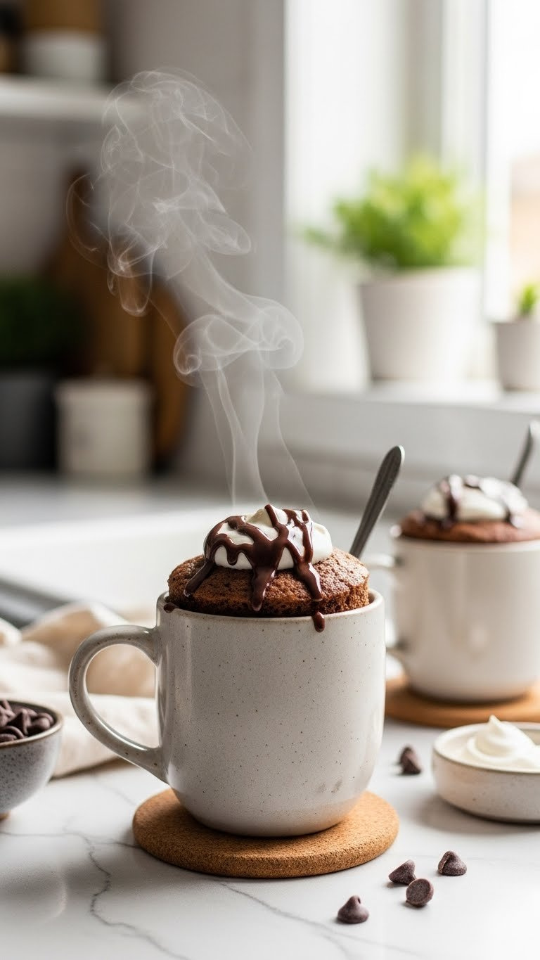 Warm Protein Mug Cake Topped With Whipped Cream In Ceramic Mug With Chocolate Chips Scattered Around