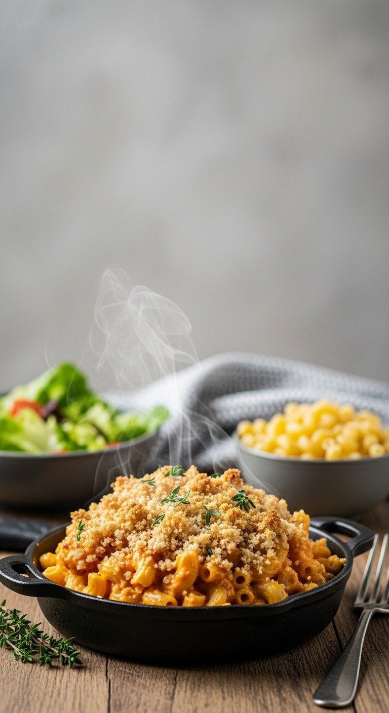 Warm Pumpkin Mac And Cheese Bake With Creamy Orange Sauce, Golden Breadcrumb Parmesan Topping, Steaming In A Cast Iron Dish.