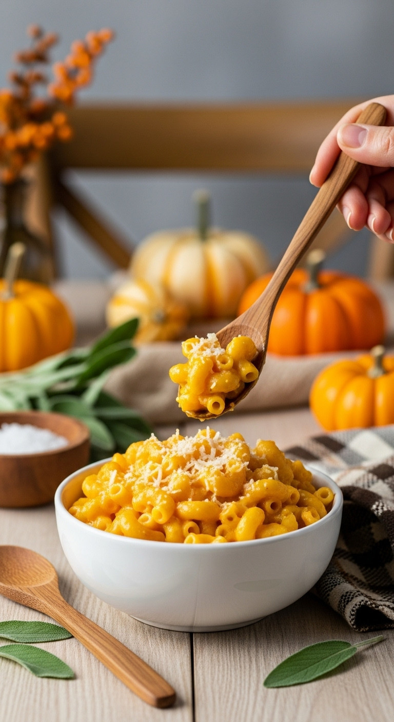 Warm Pumpkin Orange Mac And Cheese, Creamy And Inviting In A White Bowl On Light Wood, Garnished With Sage And A Decorative Pumpkin.