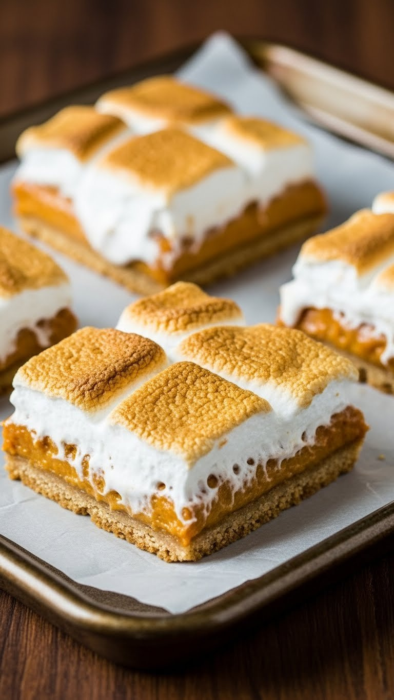 Warm Pumpkin S'mores Bars With Gooey Spiced Pumpkin, Toasted Marshmallow Fluff, Graham Cracker Crust On Baking Sheet.