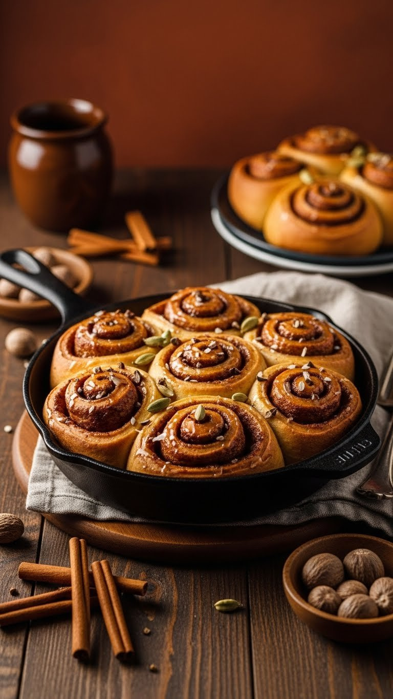 Warm Pumpkin Spice Cinnamon Rolls With Maple Glaze In A Cast-Iron Skillet, With Visible Spices. Cozy Fall Dessert And Breakfast.