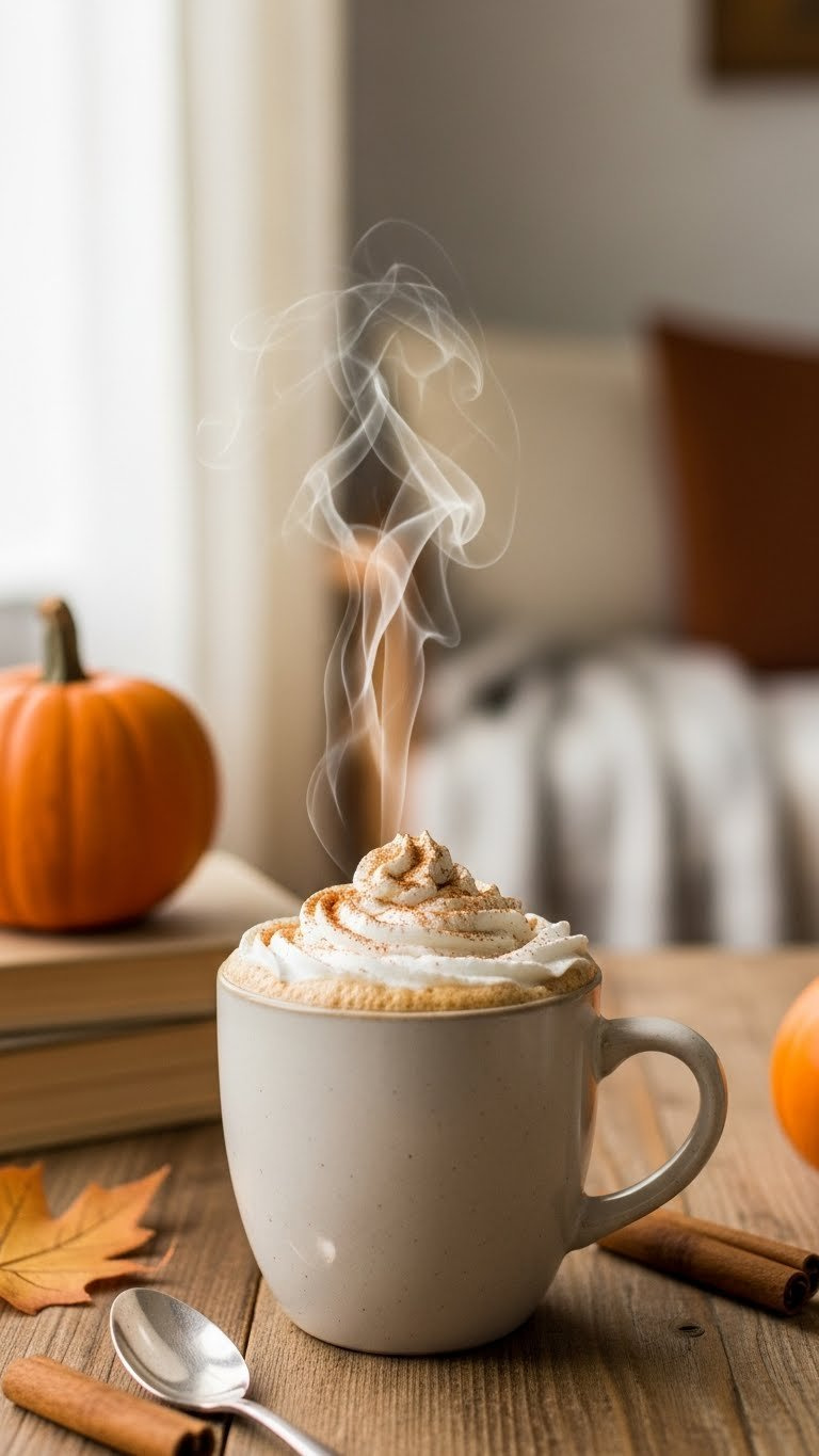 Warm Pumpkin Spice Latte In Ceramic Mug With Whipped Cream And Cinnamon Dusting On Rustic Wooden Table