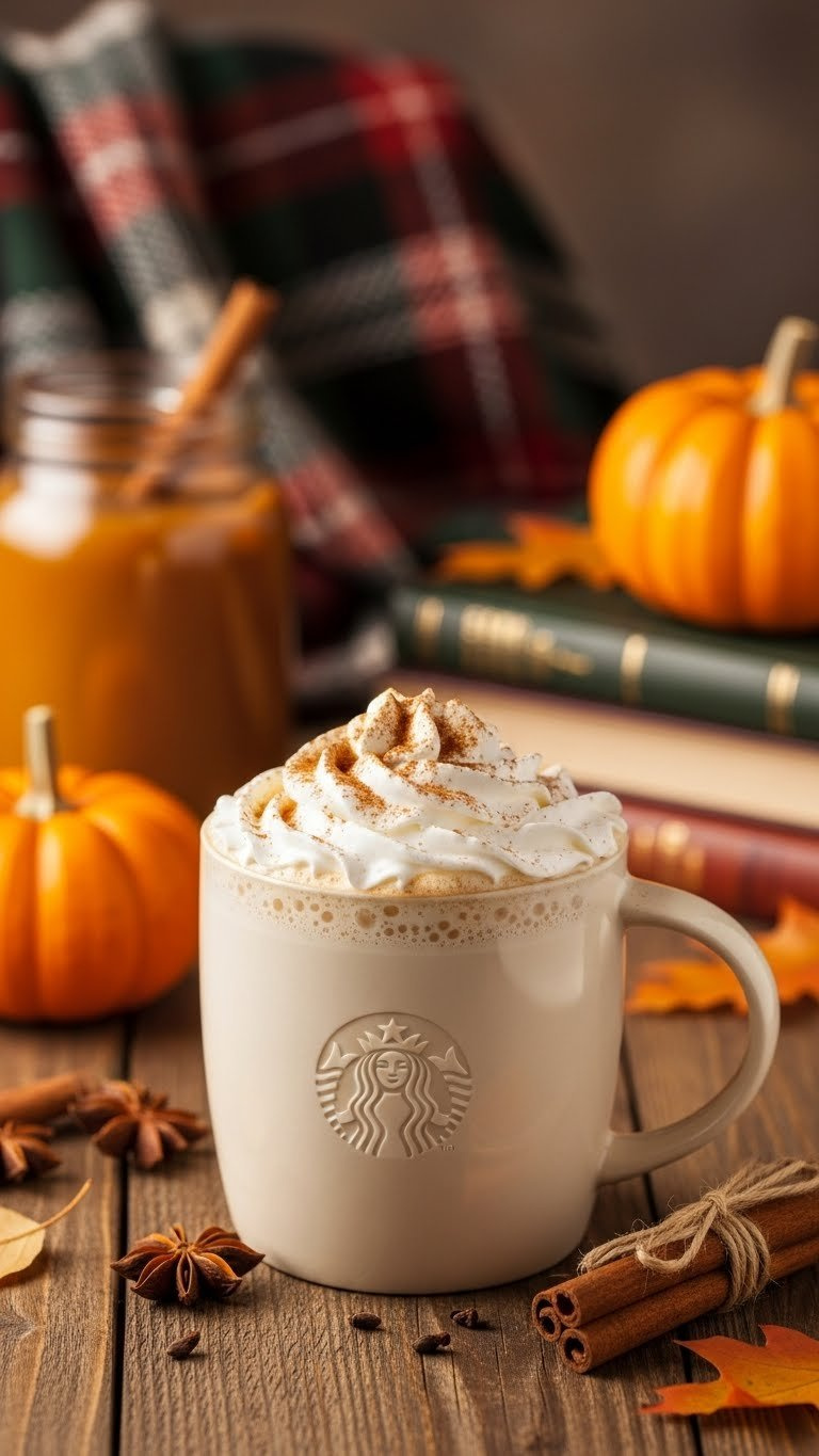 Warm Pumpkin Spice Latte In Ceramic Mug With Whipped Cream And Cinnamon Topping On Rustic Wooden Table