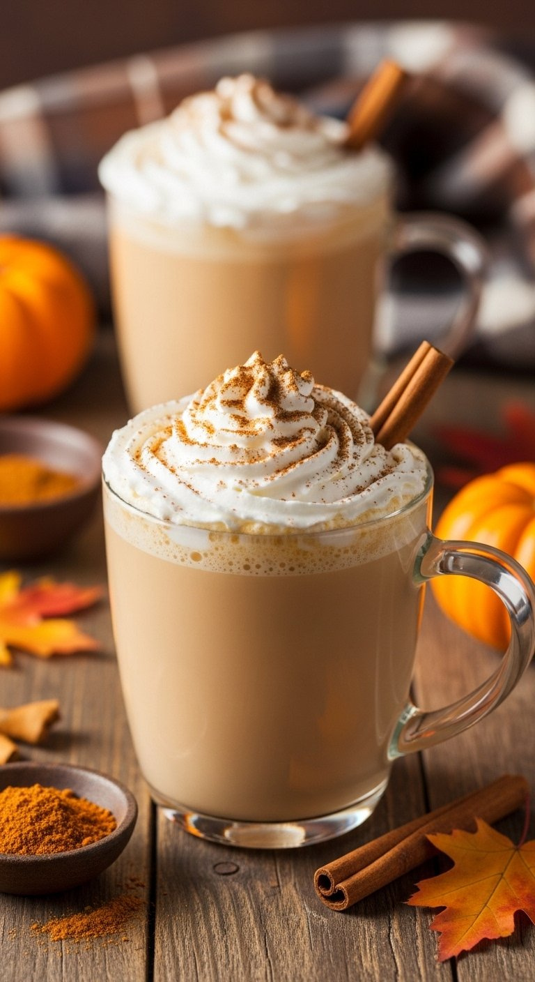 Warm Pumpkin Spice Latte Topped With Whipped Cream And Cinnamon In A Cozy Rustic Ceramic Mug.