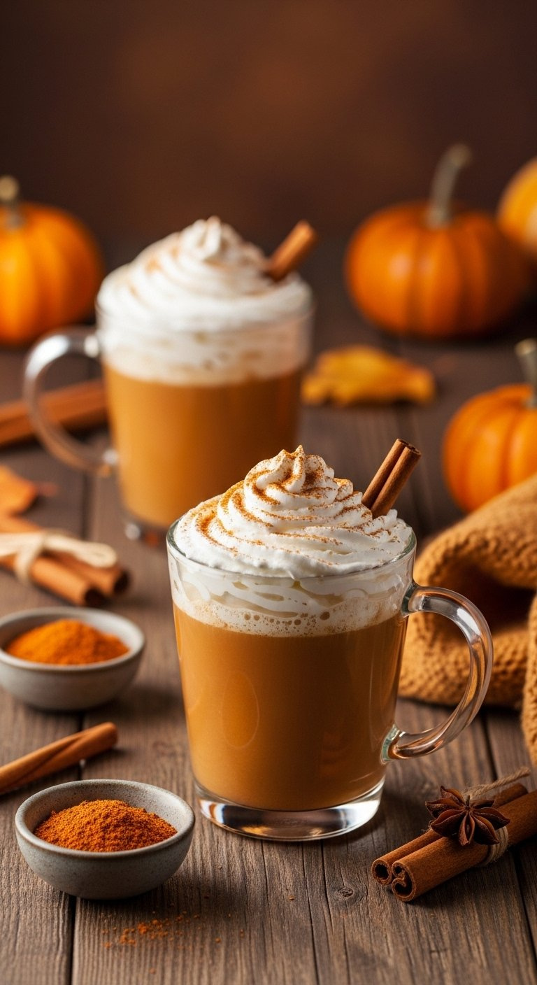 Warm Pumpkin Spice Latte Topped With Whipped Cream And Cinnamon Stick On Wood.