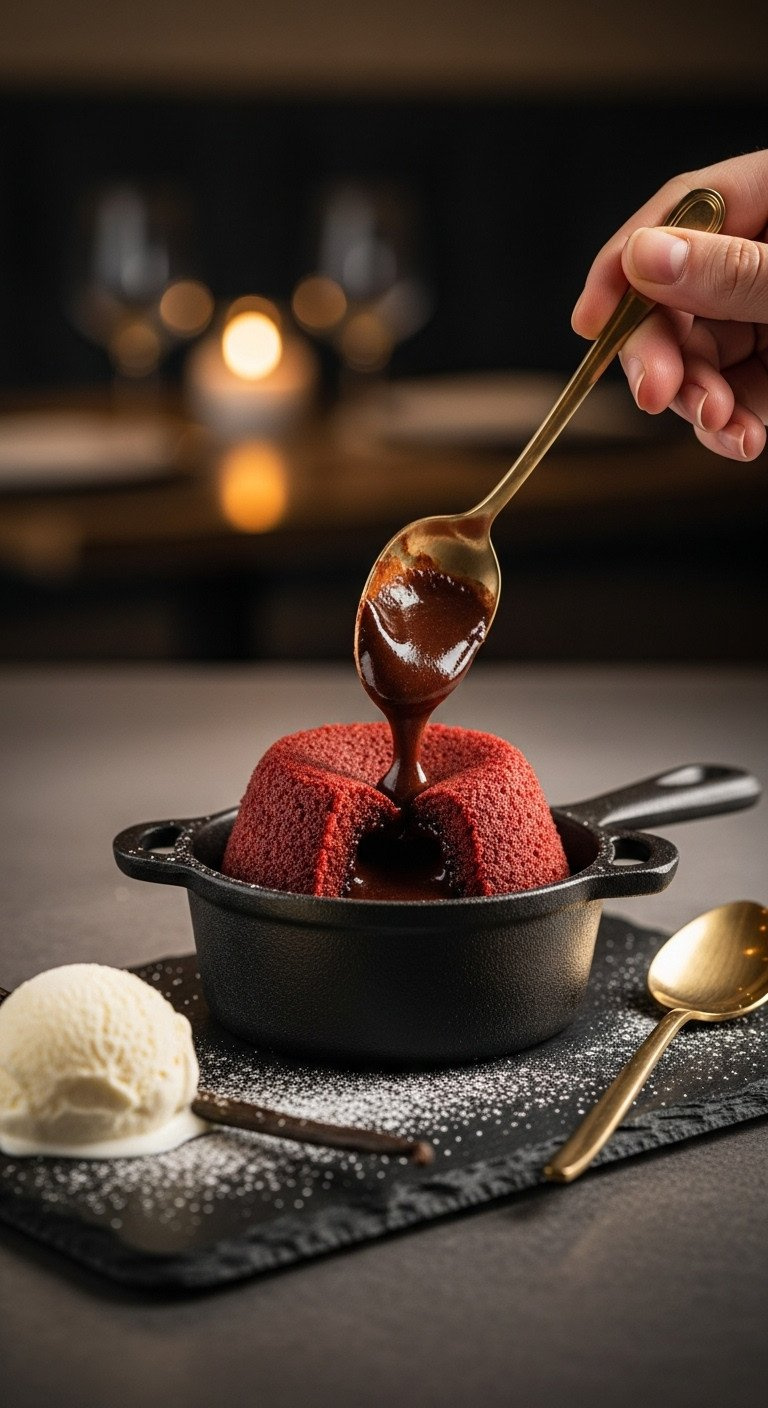 Warm Red Velvet Lava Cake In A Mini Ramekin, Oozing Molten Chocolate, With Vanilla Ice Cream And Gold Spoon.