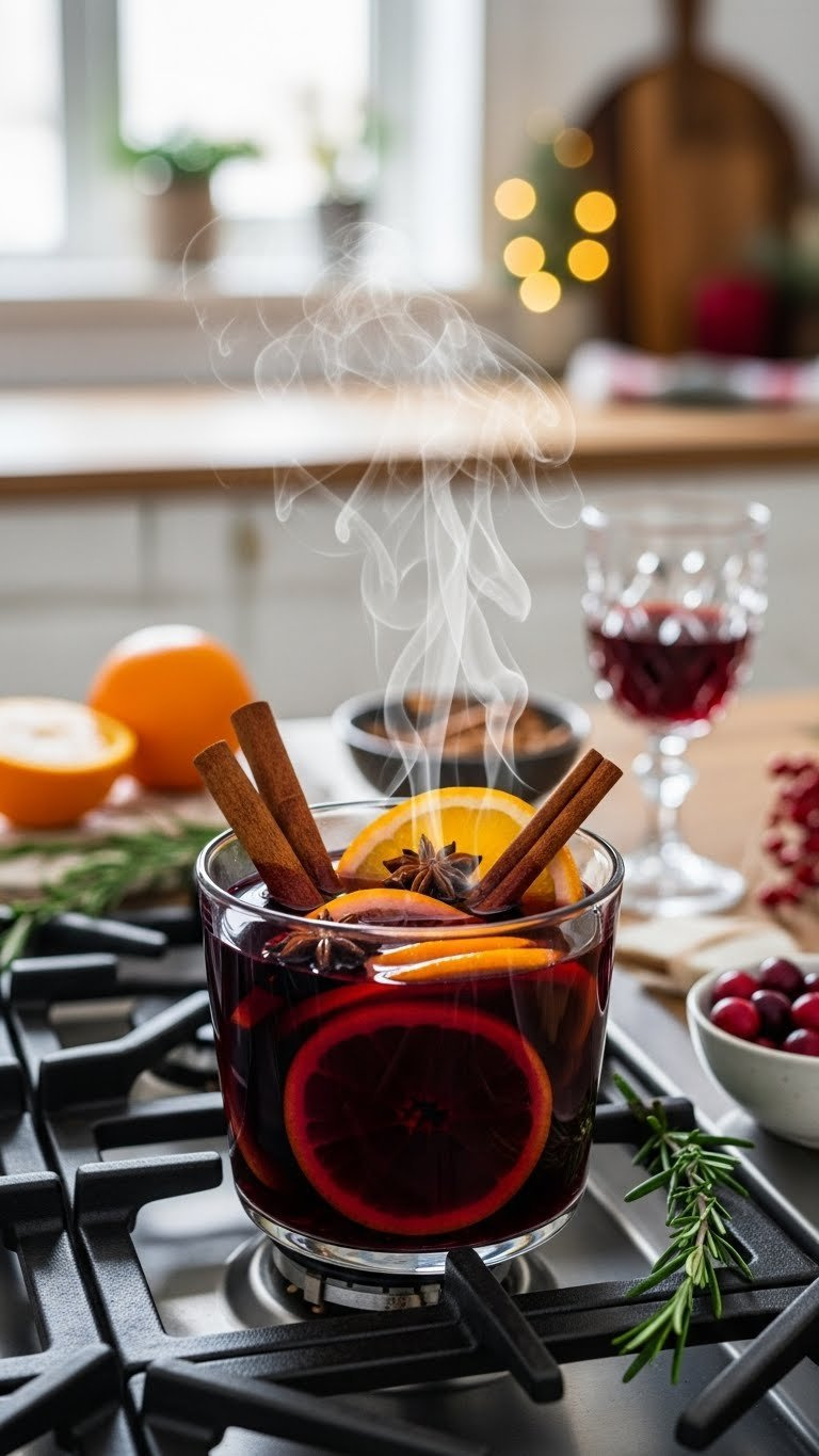 Warm Ruby-Red Mulled Wine Simmering In Pot With Cinnamon Sticks And Orange Slices On Ceramic Stovetop.