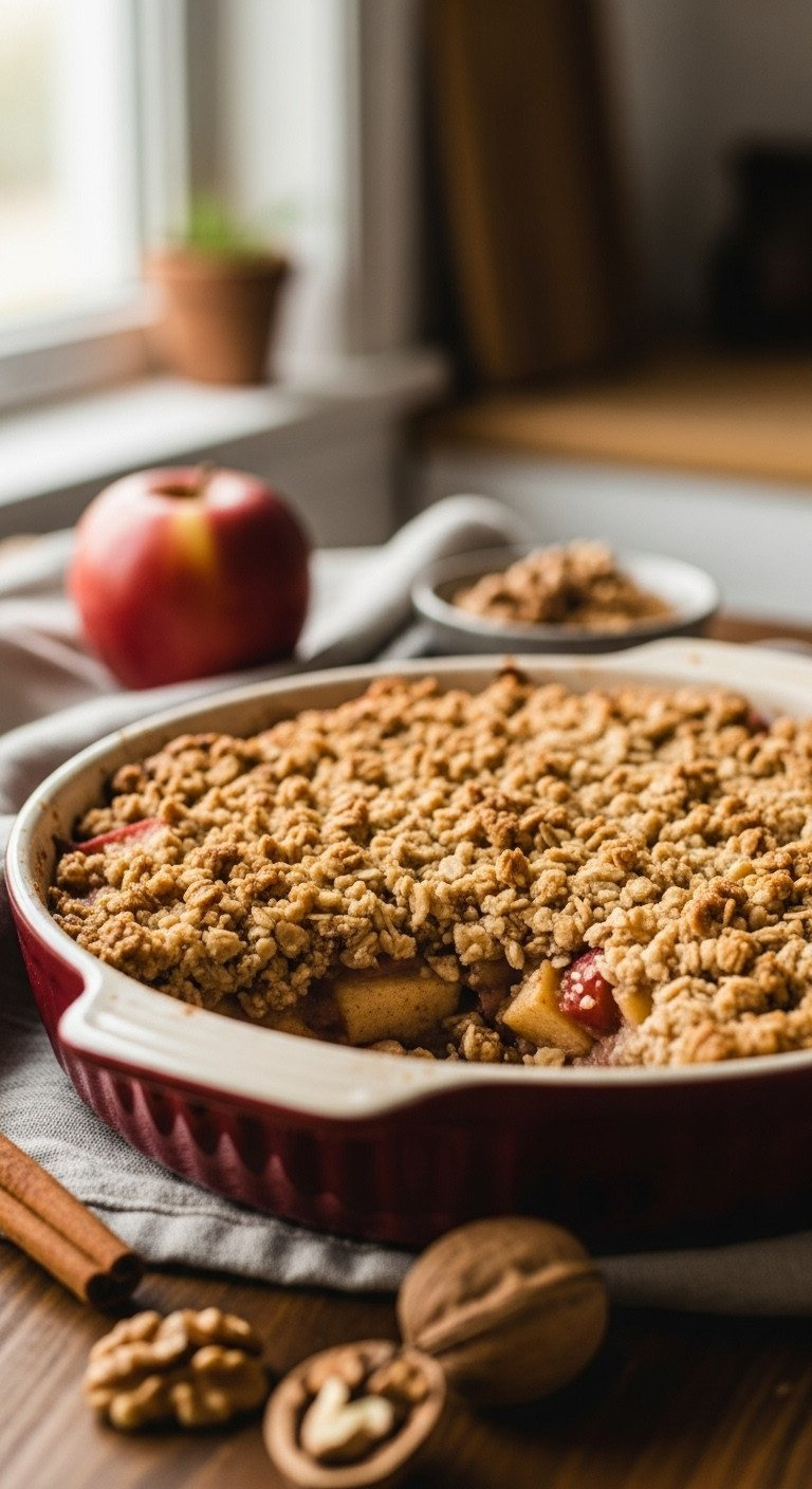 Warm, Rustic Apple Crisp With Golden-Brown Oat Topping, Bubbling Cinnamon Apples In Ceramic Dish On Wooden Table, Cozy Setting.