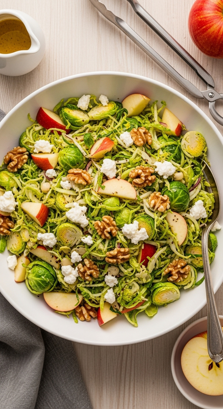 Warm Shredded Brussels Sprout Salad With Red Apple, Goat Cheese, And Walnuts In A Large Bowl With Tongs And Dressing