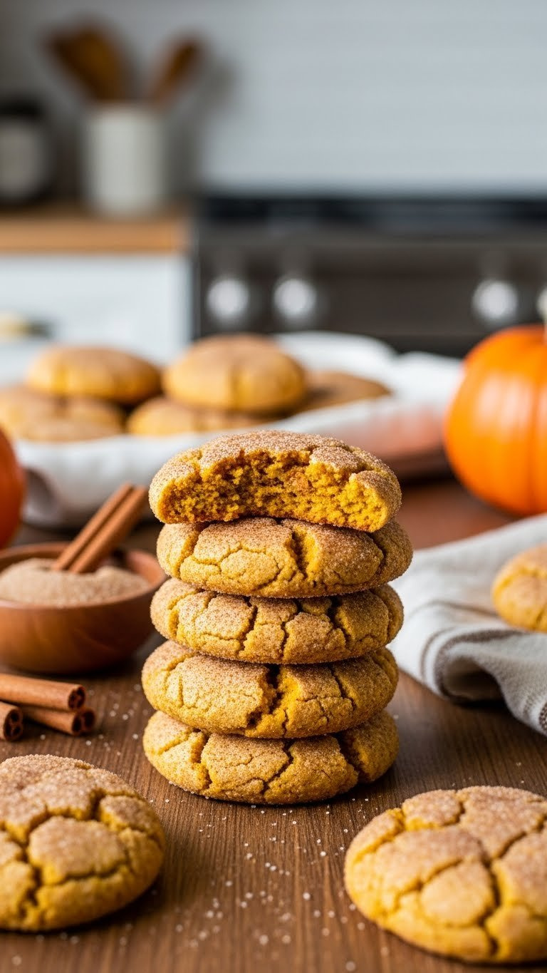 Warm Soft-Baked Pumpkin Snickerdoodles With Cracked Cinnamon Sugar Coating Stacked On Rustic Table