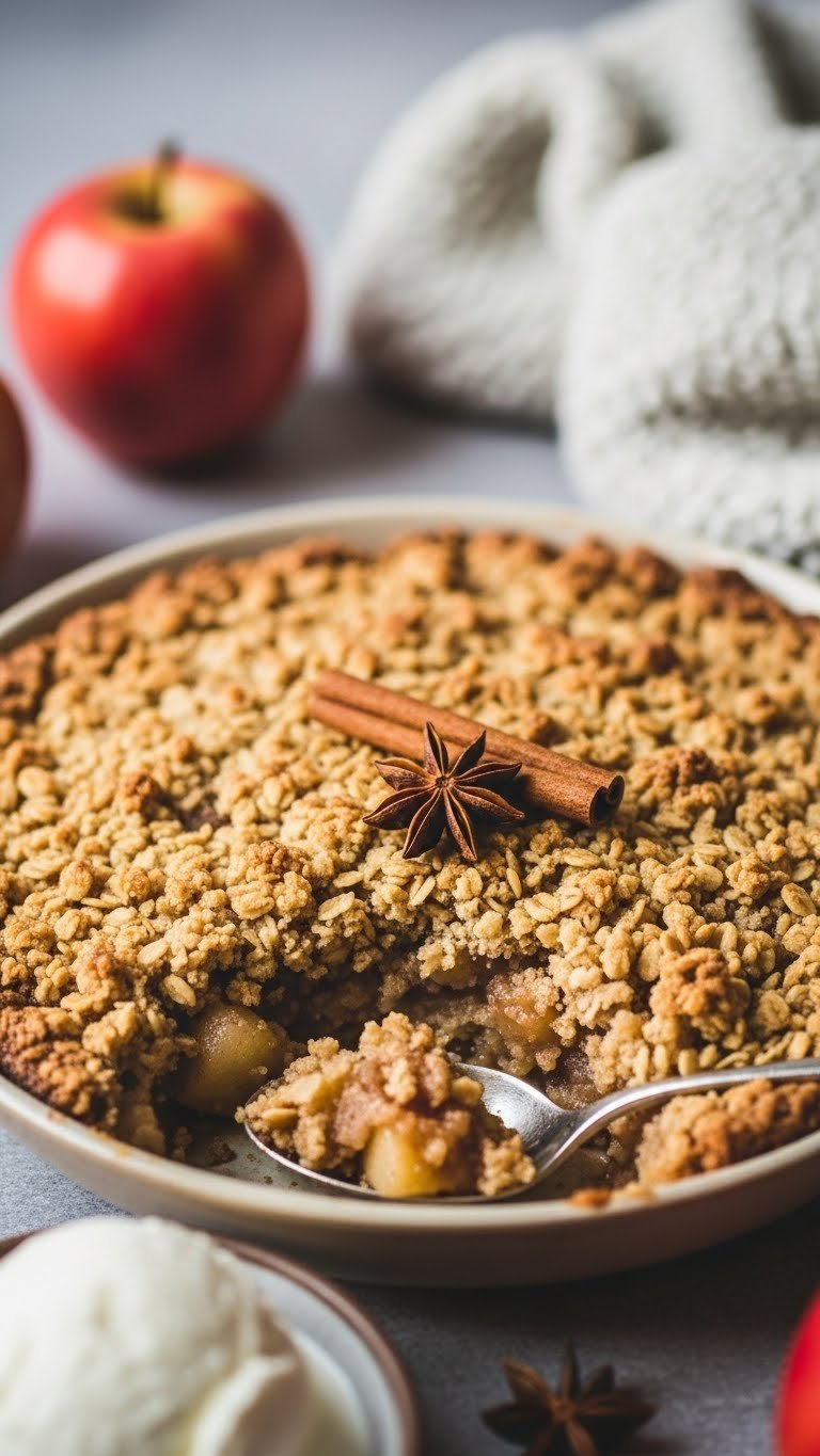 Warm Spiced Apple And Oat Crumble In Rustic Ceramic Dish With Cinnamon Stick Garnish And Visible Apple Filling