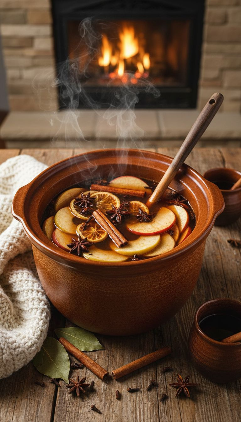 Warm Spiced Apple Cider Punch In Rustic Slow Cooker, Steam, Cinnamon Sticks, Apple Slices. Cozy Fall, Winter Drink On Wood Table.
