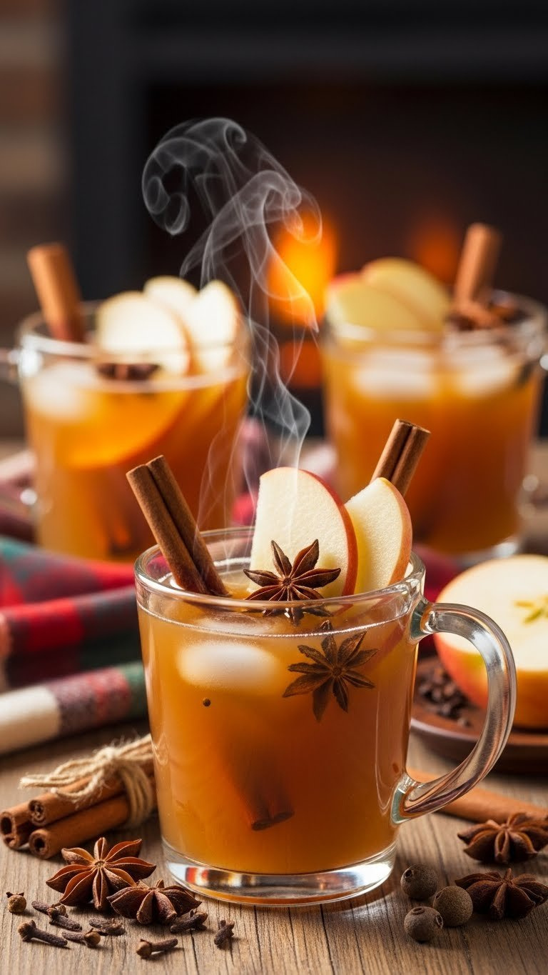 Warm Spiced Apple Cider With Cinnamon Sticks And Apple Slices In Rustic Mug On Wooden Autumn Table