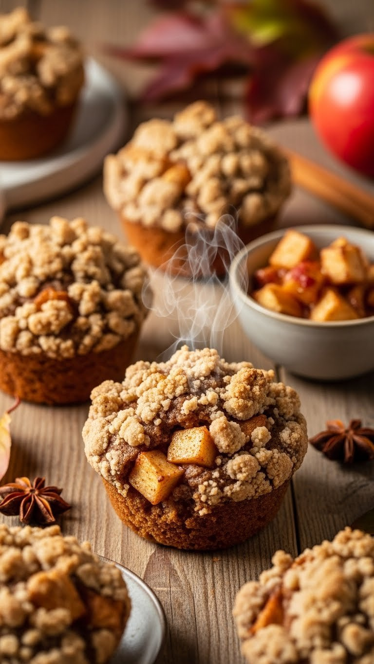 Warm Spiced Apple Crumble Top Muffins With Golden Streusel, Soft Apple Chunks, Subtle Steam On A Rustic Wooden Table. Fall Baking Delight.