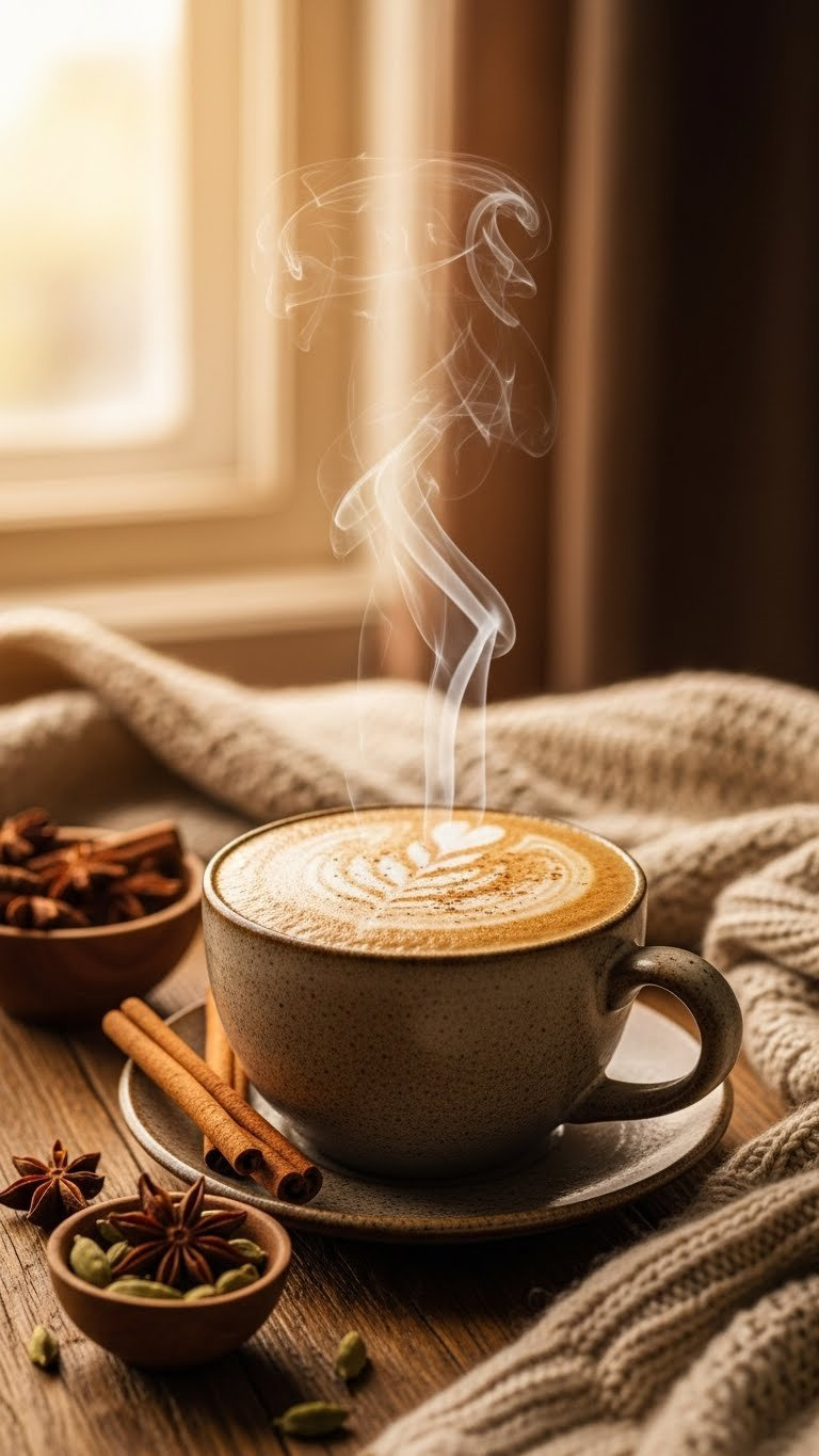 Warm Spiced Chai Latte In Rustic Ceramic Mug With Foam Art And Cinnamon Dusting On Wooden Table