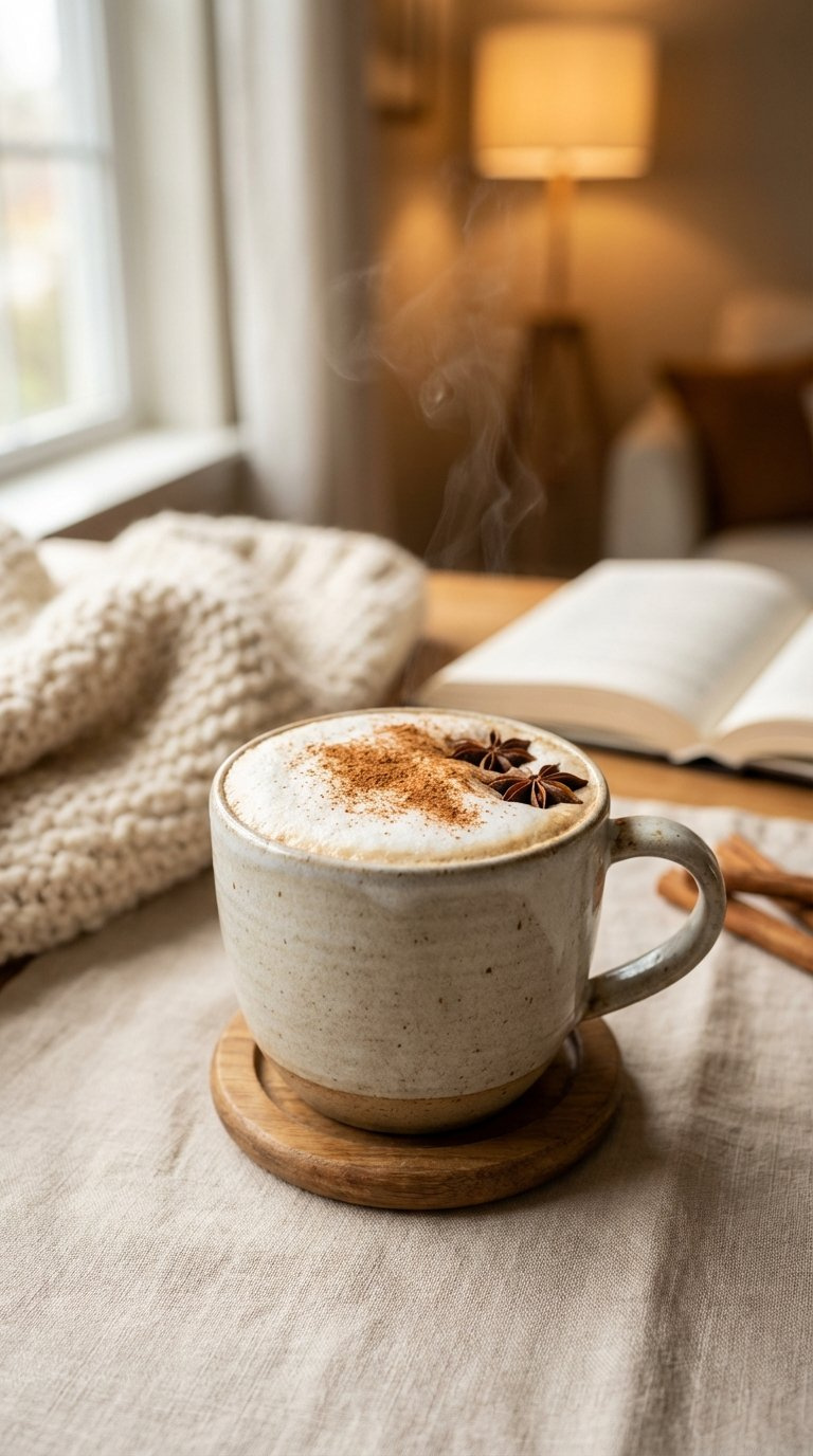 Warm Spiced Chai Tea Latte With Oat Milk Foam And Cinnamon Sprinkle Steaming In Ceramic Mug