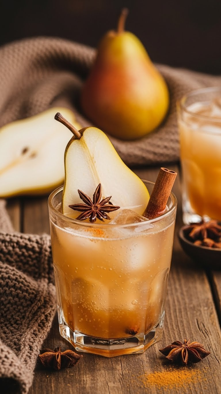 Warm Spiced Pear And Ginger Fizz Mocktail With Sliced Pear, Cinnamon Stick, And Star Anise On Rustic Wooden Table