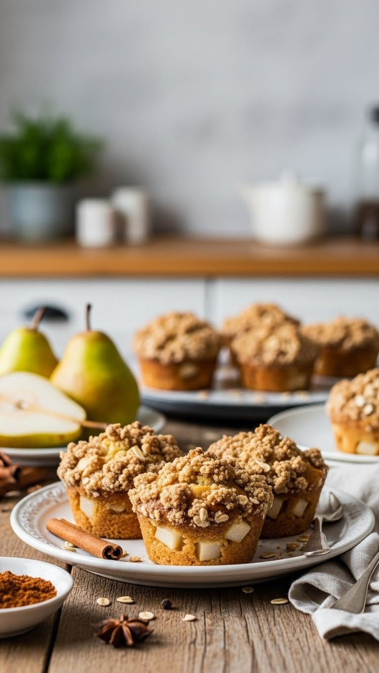 Warm Spiced Pear Muffins With Golden Crumble Topping And Fresh Pear Garnish On Rustic Wooden Table Setting