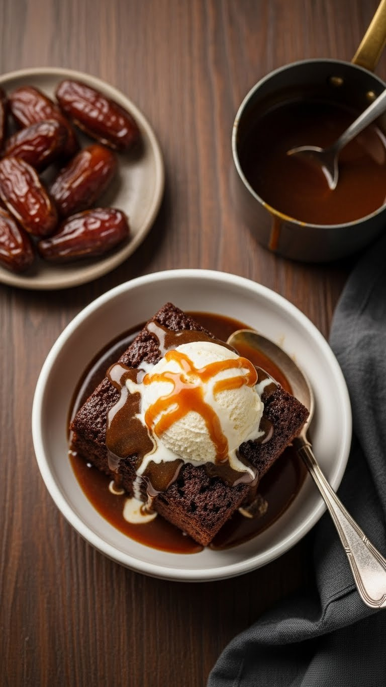Warm Sticky Toffee Pudding, Rich Toffee Sauce, Melting Vanilla Ice Cream In White Bowl On Dark Wood Table. Delicious Dessert.