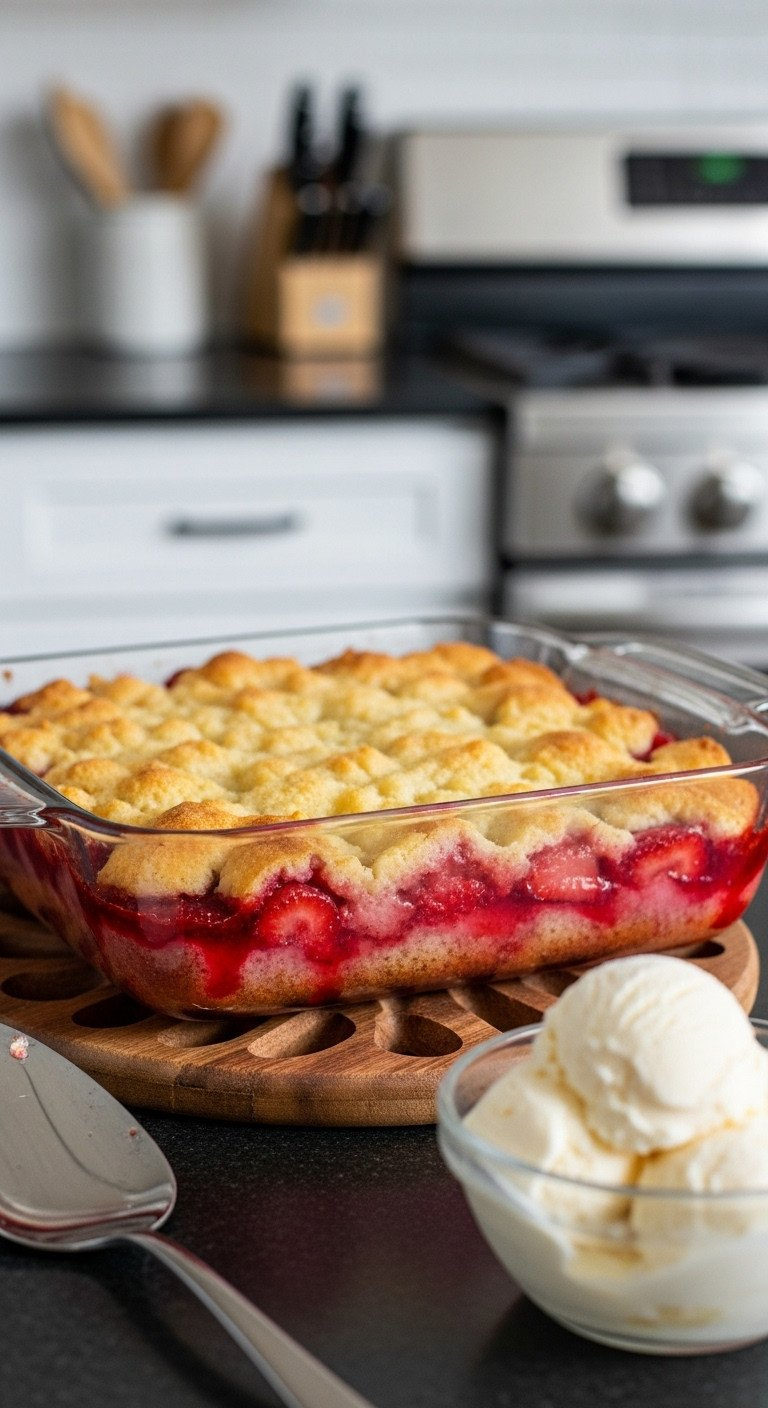Warm Strawberry Dump Cake In A Glass Dish With Golden Topping And Melting Vanilla Ice Cream. Cozy Homemade Dessert.