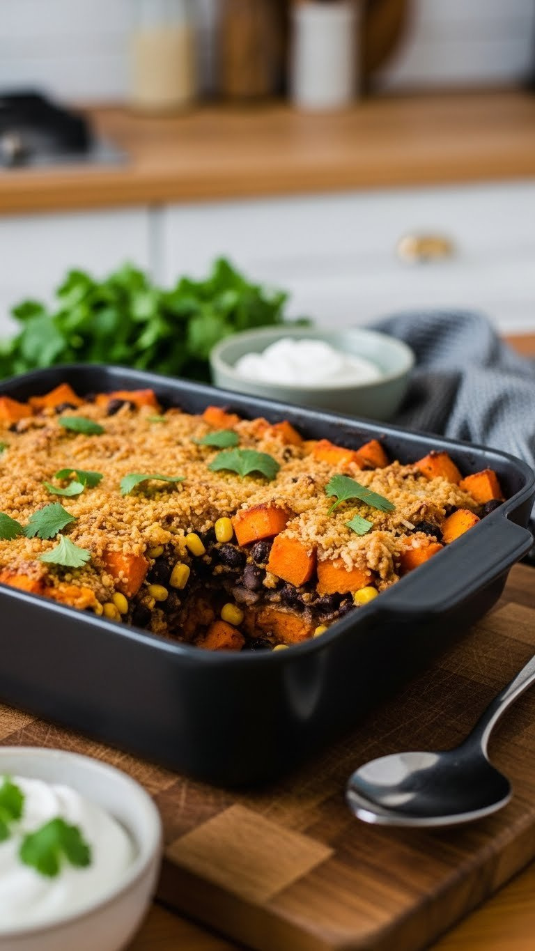 Warm Sweet Potato Black Bean Bake With Corn And Spiced Sauce In Dark Stoneware Dish On Cutting Board