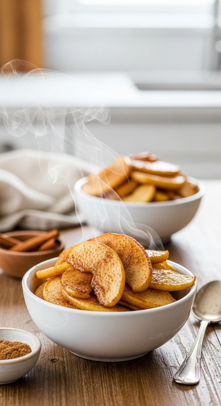 Warm, Thinly Sliced Cinnamon Apples In A White Bowl With A Spoon, Steam Rising. Served On A Rustic Wooden Table With Cinnamon Sticks, Evoking A Homey Dessert Feeling.