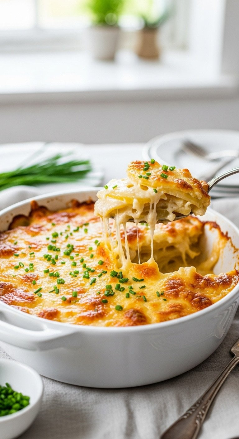 Warm Three-Cheese Potato Gratin With A Crispy Golden Crust, Creamy Layers, And Fresh Chives, Served In A White Casserole.