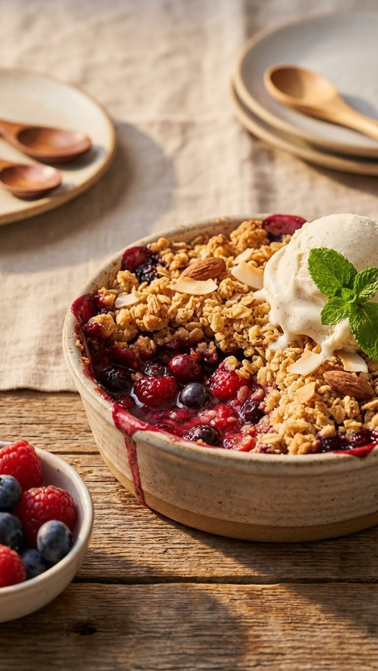 Warm Vegan Berry Crumble With Golden-Brown Oat Topping And Colorful Berries In A Rustic Ramekin With Melting Ice Cream.
