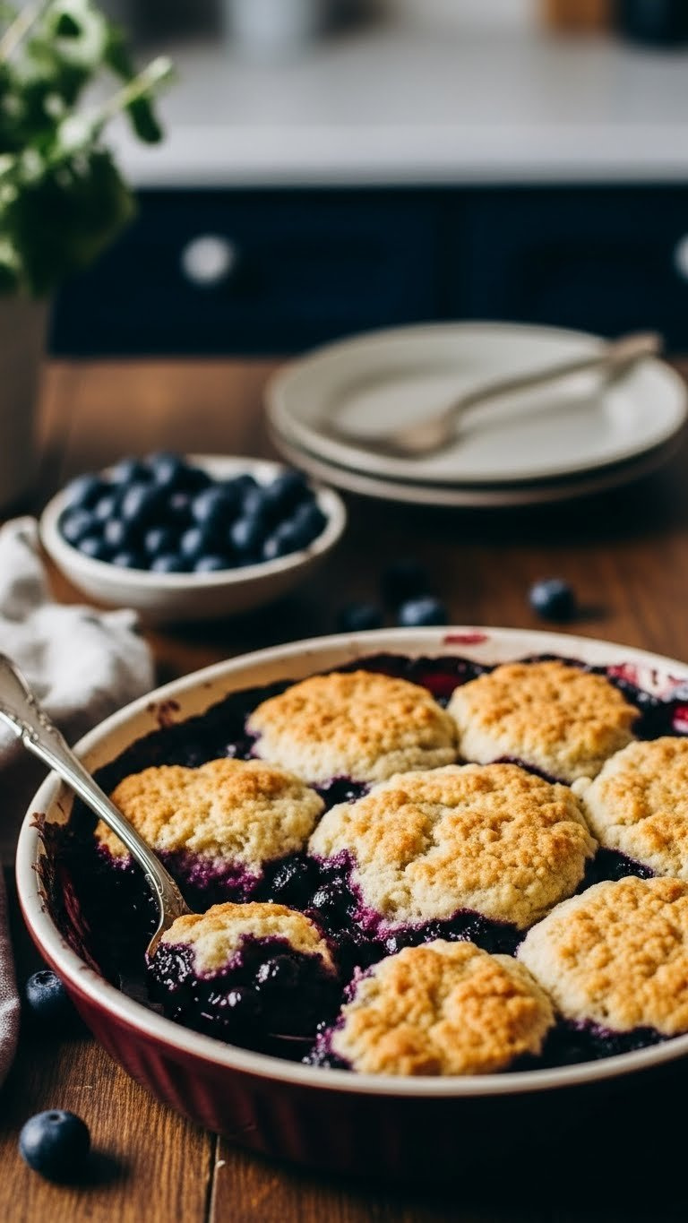Warm Vegan Gluten-Free Blueberry Cobbler Bubbling With Golden Biscuit Topping In Ceramic Dish
