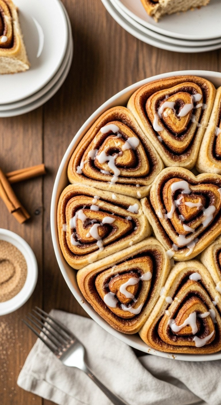 Warm Whole-Grain Heart-Shaped Cinnamon Rolls, Drizzled With Healthy Maple Glaze, In A Baking Dish On Wood Table.