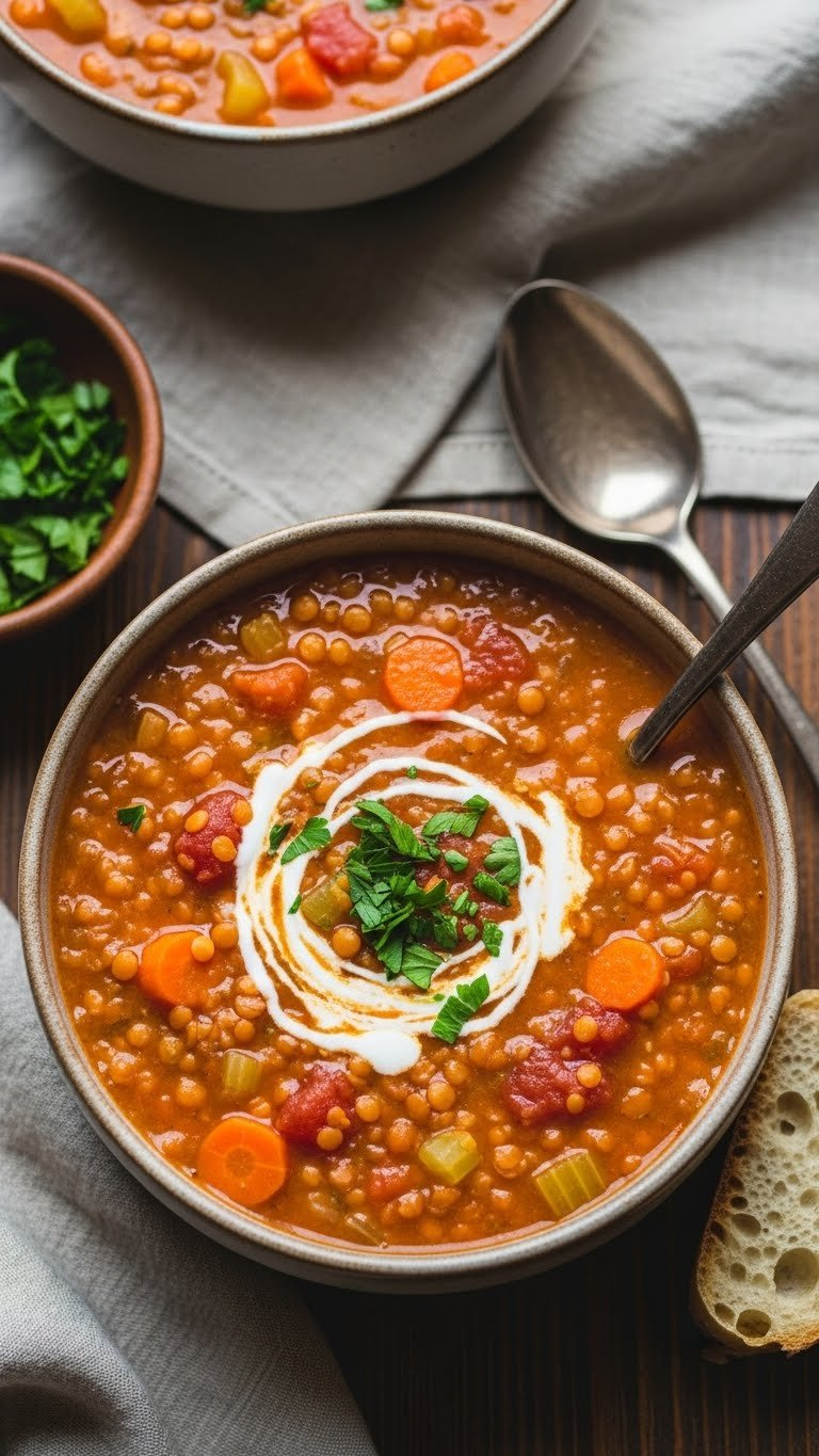 Warming Instant Pot Lentil Soup In A Rustic Bowl With Cream And Parsley, Showing Carrots, Celery, And Tomatoes.