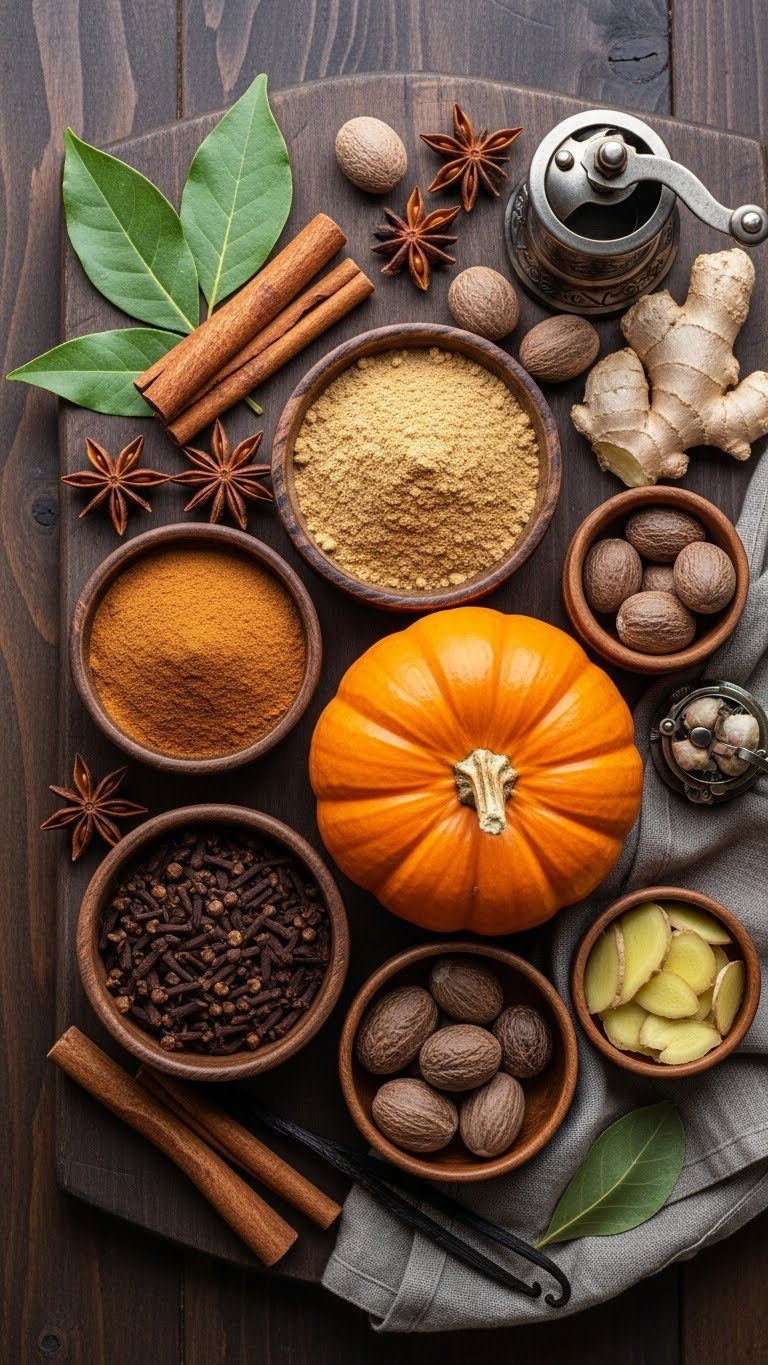Warming Spices Including Cinnamon, Nutmeg, Ginger, And Cloves Arranged Around Decorative Pumpkin On Dark Wood