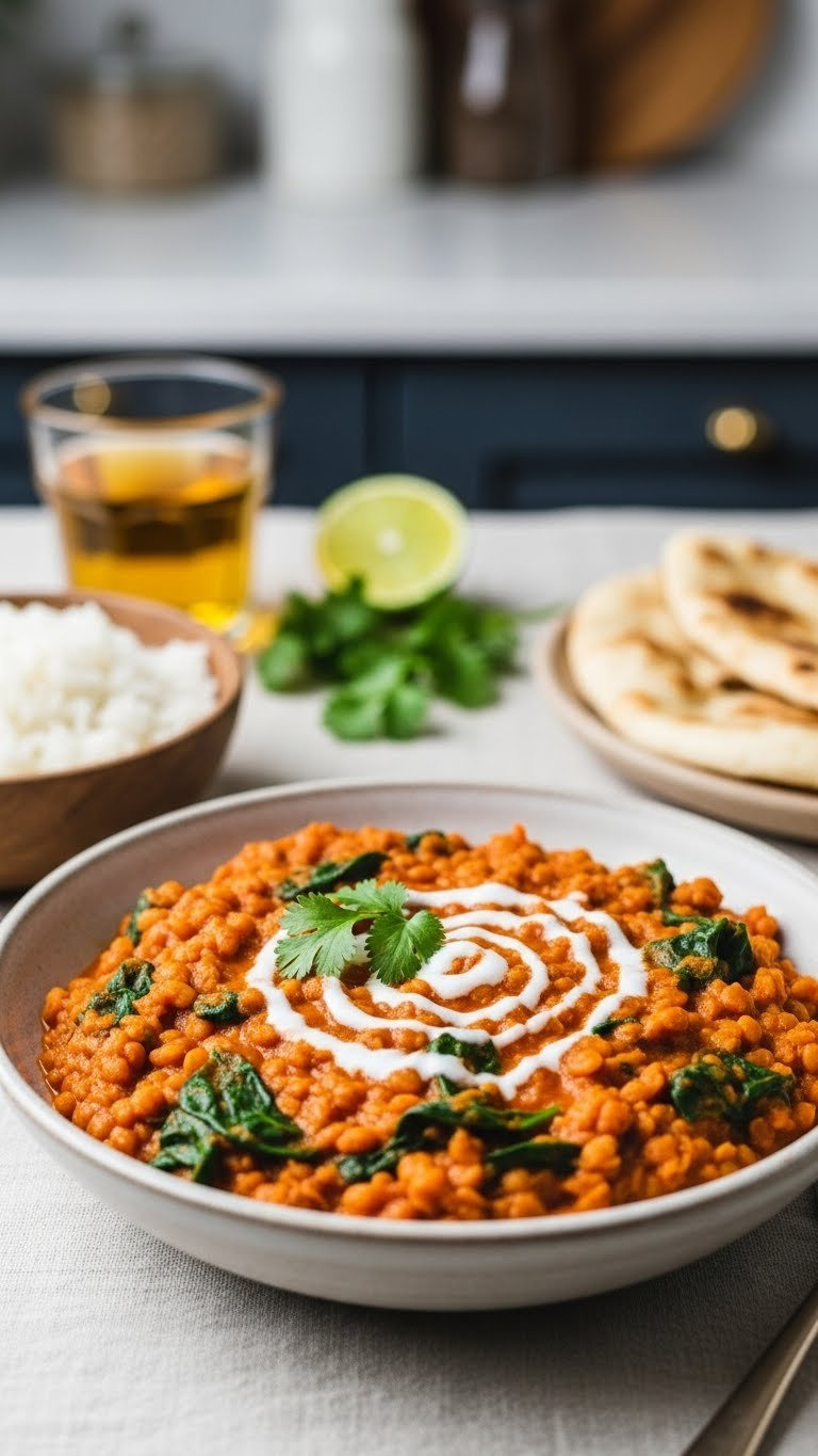 Warming Vegan Lentil Curry With Spinach And Coconut Milk Swirl, Garnished With Cilantro, In A Rustic Bowl On A Linen Tablecloth Under Soft Window Light.