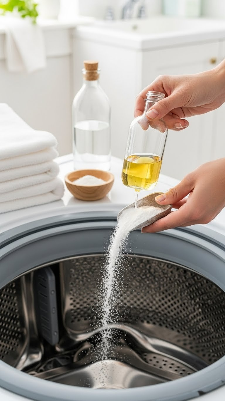 Washing Machine Drum Interior Showing Baking Soda Powder Remnants And Vinegar Splash After Natural Cleaning Process